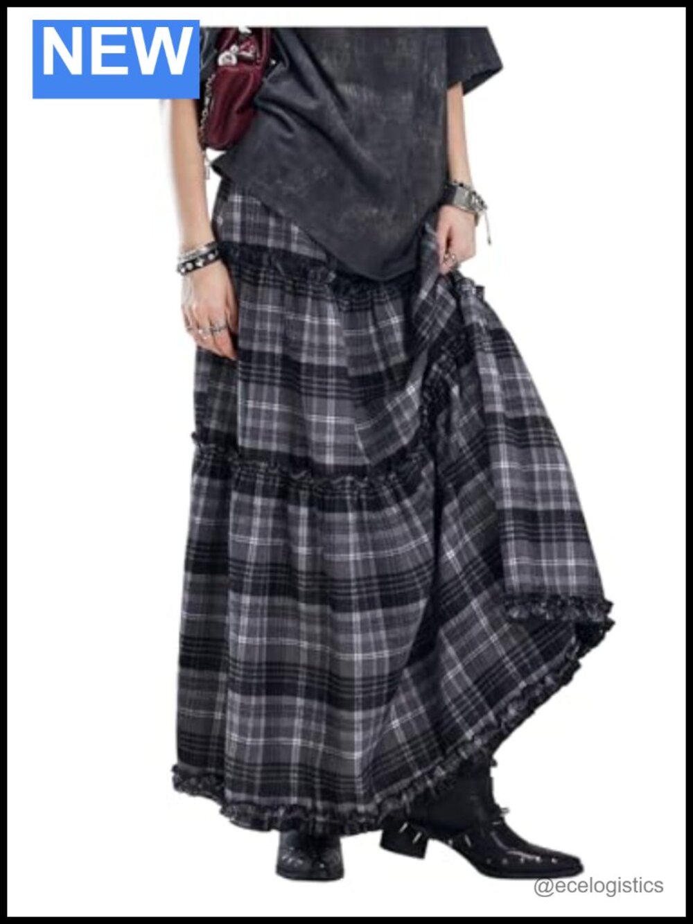 Grunge Gingham Plaid Tiered Maxi Skirt Ruffle A-Line Low Rise Vintage